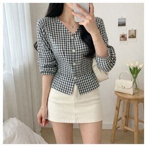 Vintage Gingham Button Front Blouse Cropped Waist Tie Top Medium Made in USA